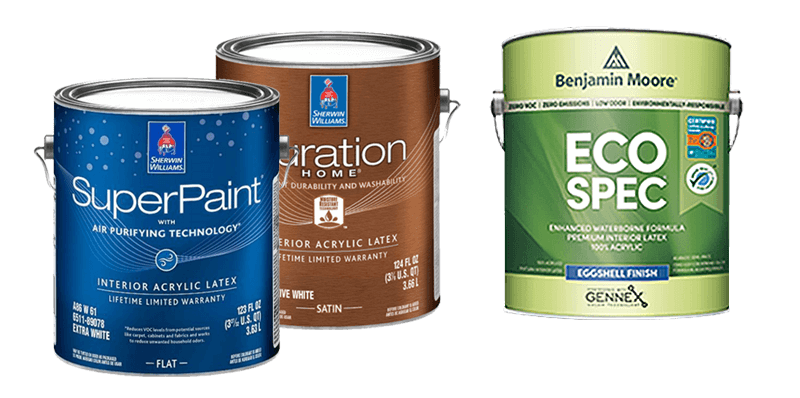Three paint cans of different brands and colors.