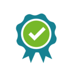 A blue and green badge with a check mark in the center.
